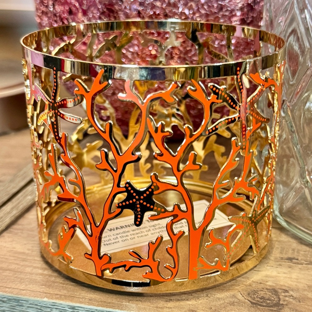 NWT COASTAL CORAL GOLD METAL 3 WICK CANDLE HOLDER BEACH NAUTICAL DECOR